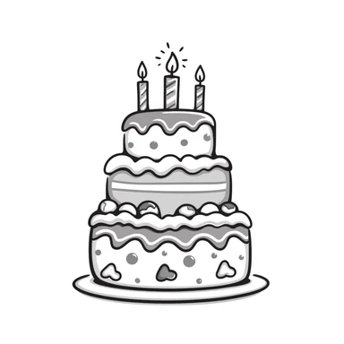 A decorated birthday cake with layers and frosting in pastel colors (dd9fb0, ffc6d3, a3bfc9, c4bee2, f1b091), hand-drawn doodle style sticker