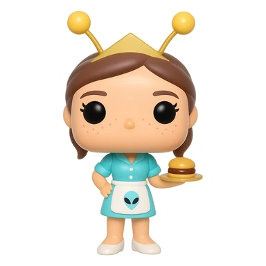 Create a Funko Pop style vinyl figure of Liz Parker from the Roswell series. She is wearing a light blue Crashdown Café waitress outfit with a white apron featuring an alien logo. She has a golden antenna headband, brown tied-up hair, rosy cheeks, freckles, and a friendly expression. She is holding a tray with a hamburger. The background should be transparent. sticker