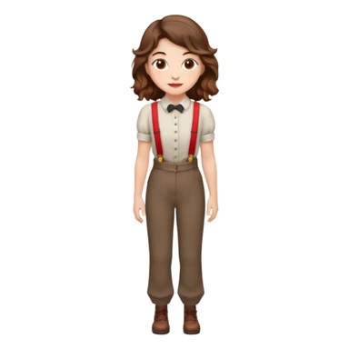 Woman with wavy brown hair and hazel eyes wearing dress pants with red suspenders sticker
