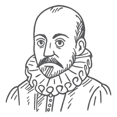 a hand drawn black outline portrait of philosopher Montaigne with similar-sized eyes based a famous portrait of him sticker