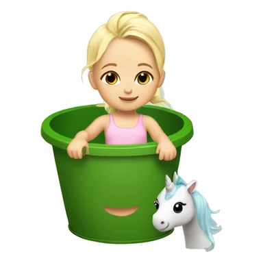 Blonde baby girl, inside of a green bucket riding a unicorn with rainbow hair ￼ sticker