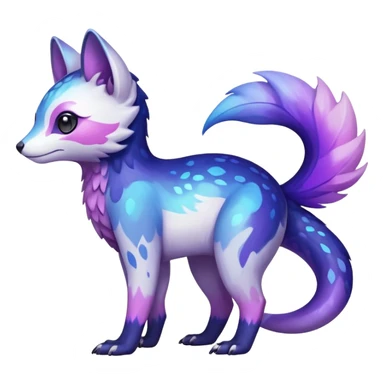  Shiny iridescent glossy oily smooth silky soft White with indigo-Violet-purple-pinkish-gradient markings beautiful handsome gorgeous aesthetic colorful vibrant Vernid-Trico-species-Fakemon-creature by LiLaiRa, 4 legs, 1 tail, random markings, (full body) sticker