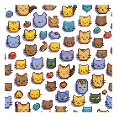 pixel art kitty surrounded by emoji sketches, playful scene sticker