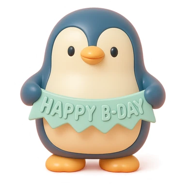 smiling penguin holding 'Happy B-Day' banner, vinyl figure style sticker