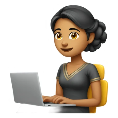 sweet indian girl who is in her 30s and approachable and happy sitting on a comfy chair working on a laptop sticker