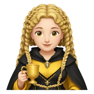Helga Hufflepuff, 2 curly thick brown braids, yellow-black medieval dress, black cloak decorated with gold braiding, tiny two-handled shiny yellow-gold cup, very kind smile, curvy busty sweet woman, thick rosy cheeks sticker