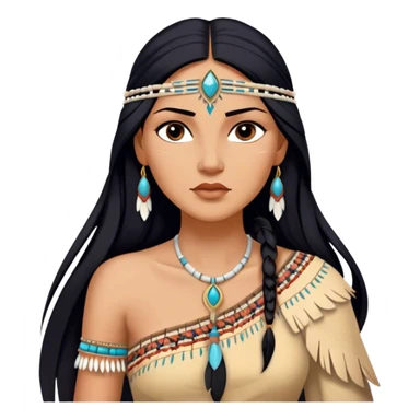 Cinematic Realistic Pocahontas Portrait, depicted with lifelike skin texture, soft natural lighting, and intricately detailed long, flowing raven-black hair that moves gracefully in the wind. Her deep, soulful dark brown eyes exude wisdom and strength, complemented by a serene yet powerful expression. She is dressed in her classic one-shoulder native american dress, with rich fabric textures and delicate beaded details that catch the light beautifully. The portrait features a soft, sun-kissed glow with a natural, radiant finish, capturing the essence of untamed beauty and deep connection to nature in a realistic and painterly style, evoking a sense of depth and authenticity. sticker