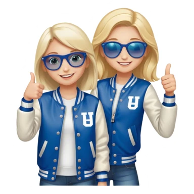 smiling girl in letterman jacket Blue eyes thumb up, Name is Tini, sunglasses in hair, two Little girls  sticker