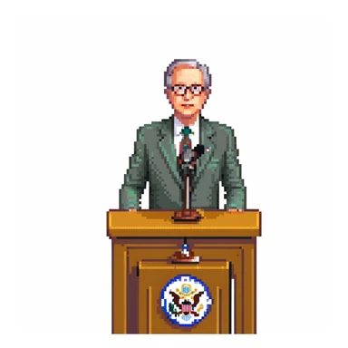 a SNES box art image of a man who looks like a fiftysomething distinguished american politician, standing and speaking emphatically at a podeum. cutscene graphic sticker