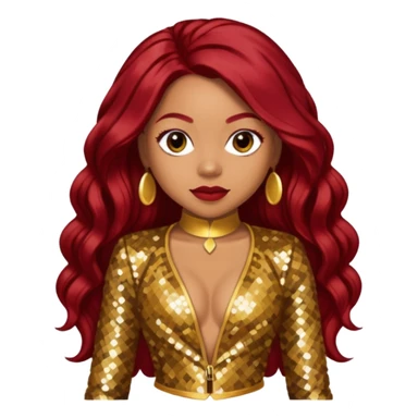 LaTavia Robeson from Destiny's Child with long dark red hair, gold sequin outfit sticker