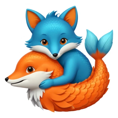 Make a bright orange fish and a teal blue fox that are hugging or cuddling each other sticker