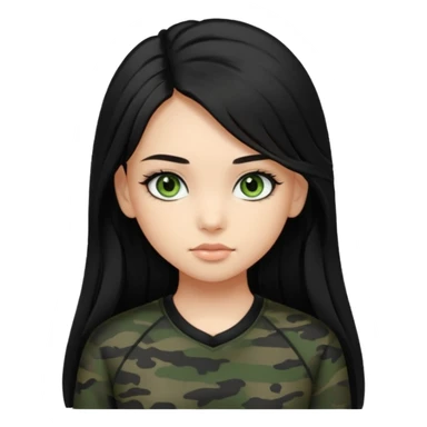 cute teenage girl, cute black trendy athletic clothes, light tan skin, very dark camo green eyes, long black hair, very long eyelashes sticker