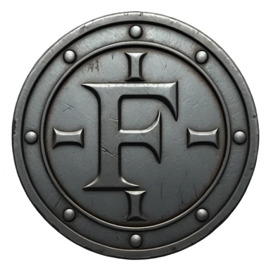 Minimal emoji, gothic metal coin made of black steel, engraved number f at the center, ancient industrial aesthetic, worn metal texture, no glow, no neon, flat emoji design, centered, transparent background sticker