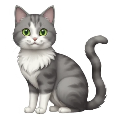 full body view of beautiful female grey cat with green eyes, white paws and white chest sticker