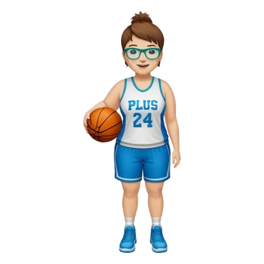 Full Body plus size white female with short brown hair with highlights spike hair wearing blue glasses basketball player wearing blue green uniform smiling sticker
