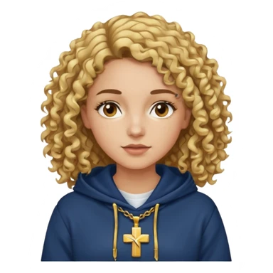 woman with curly brown hair and blonde highlights, brown eyes, and a gold cross necklace over a navy hoodie. sticker