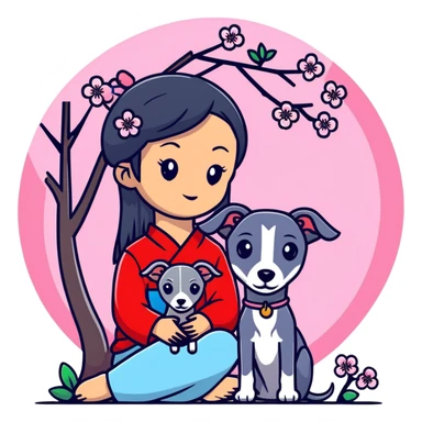 A young Chinese girl with long black hair and a pure dark grey Italian Greyhound with absolutely NO white markings anywhere on its body sitting under a cherry blossom tree. The dog must be completely solid dark grey with no white on muzzle, paws, or chest. sticker