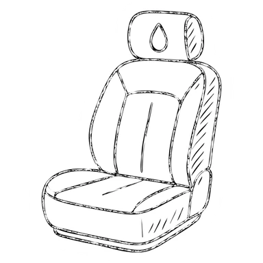 hand-drawn outlined icon of a luxury car seat in matte black with a small droplet or shield on the headrest, elegant stitching, minimalist lines, clean and modern sticker