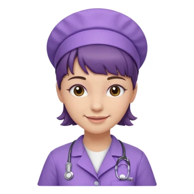 A young female slim nurse with short Brown hair with fringe over her forehead, wearing larvendar purple working cloth sticker
