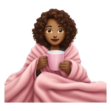 Brunette girl with curly hair in a cozy pink blanket while drinking coffee sticker