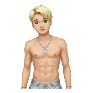 Aaron Carter with blonde hair, silver satin baggy pants, shirtless with necklace  sticker