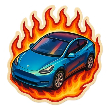 A Tesla Model Y parking in a driveway, from above, with fire around sticker