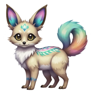 Rare iridescent white exotic epic aesthetic colorful Trico-Eevee-Genet-species-Fakemon-hybrid-creature, with intricate tattoo markings, full body sticker