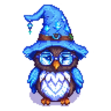 pixel art owl with a blue wizard hat and glasses sticker