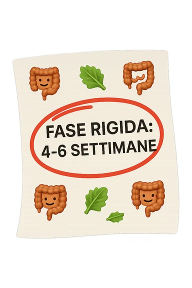 EMOJI STILE IPHONE DI UN foglio di carta fluttua in aria con la scritta "FASE RIGIDA: 4-6 SETTIMANE" CERCHIATA A PENNA IN ROSSO, ATTORNO AL FOGLIO FLUTTUANO PICCOLI TRATTI DI COLON UMANO IN STILE EMOJI E FOGLIE DI INSALATA, REALISTICA 4K sticker