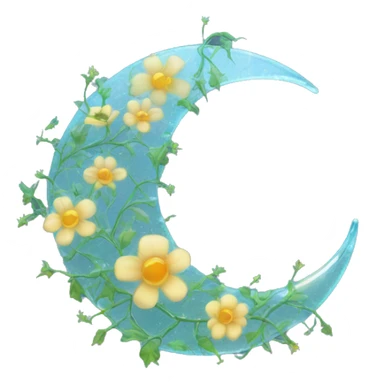 A translucent crescent moon made of cracked glass, with vines of bioluminescent flowers wrapping around it.

 sticker