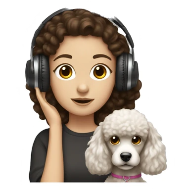 White girl, dark hair in headphones with brown poodle sticker