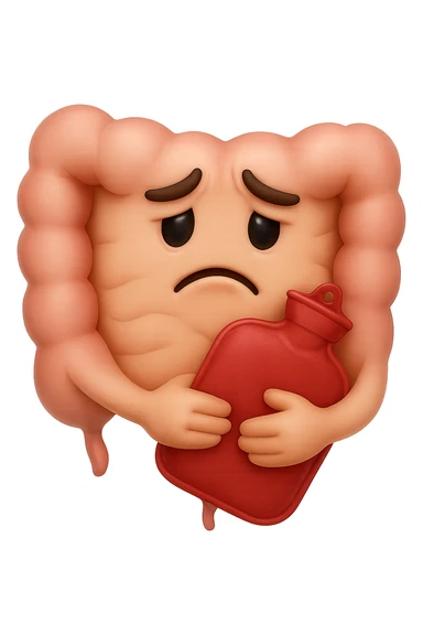 emoji stile iphone di un intestino che si tiene la borsa dell'acqua calda al centro, espressione di tristezza in volto, iperrealistico 4k sticker