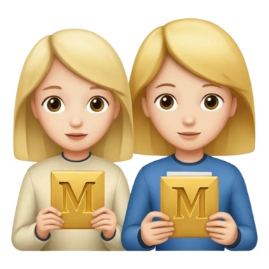 Create two letters, N and Y, in the shape of sisters. Create an image of a boy holding the letter N and a girl holding the letter M  sticker