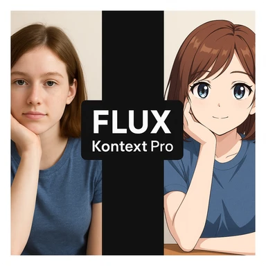 create before after image of a girl before is realsitic photo, after is anime version of her in same pose and clothes, add logo with text of a "FLUX Kontext Pro" in middle in big, black background sticker