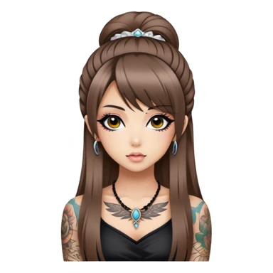 hime gyaru girl, long straight brunette hair, tattoos, dark makeup,  sticker