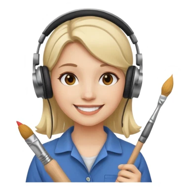 female artist wearing headphone, holding painter sticker