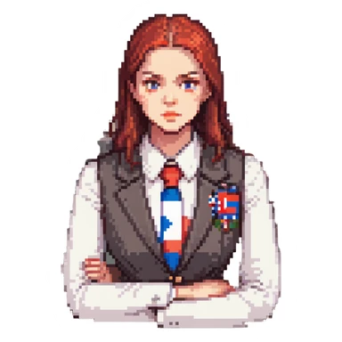 Russian Ministry of Finance employee dealing with sanctions, detailed, professional attire, serious expression, office setting, Russian flag elements subtly included sticker