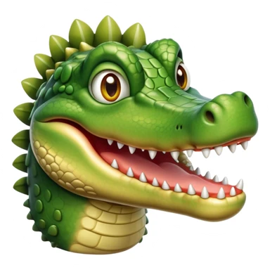 Cinematic Realistic Cute Crocodile Portrait Emoji, Head tilted playfully and inquisitively, featuring a robust, well-defined build with intricately detailed, glossy olive-green scales and a surprisingly endearing face with round, sparkling eyes full of unexpected charm, rendered with lifelike texture and natural highlights, high shine, affectionate and spirited, styled with a touch of wild whimsy, soft glowing outline, capturing the essence of a mischievous yet lovable crocodile that seems poised to snap playfully out of the screen into your arms! sticker