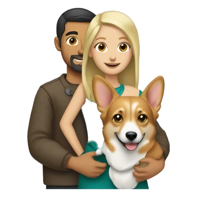 blonde girl with arab guy holding a corgi in their arms sticker