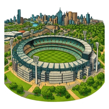 Изометричная, яркая, детализированная и фотореалистичная иллюстрация стадиона Melbourne Cricket Ground в стиле 3D-коллажей городов, насыщенные цвета, аккуратные и чёткие линии, мультяшно-реалистичная стилистика. Чёткие контуры, прозрачный фон, высокое качество. sticker