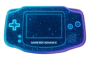 Transform the Gameboy Advance into a cyberpunk, holographic style with glowing neon blue and pink edges. Add intricate circuit patterns throughout the entire device while maintaining the recognizable shape, buttons, and screen. Overlay neon and circuit effects in a futuristic, clean style consistent with cyberpunk icons. The whole device should have a consistent cyberpunk glow and intricate circuit details. Transparent background. sticker
