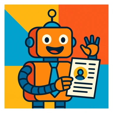 a recruiter robot with a tie, smiling, holding a resume, cartoon style, bright colors, vibrant and approachable sticker