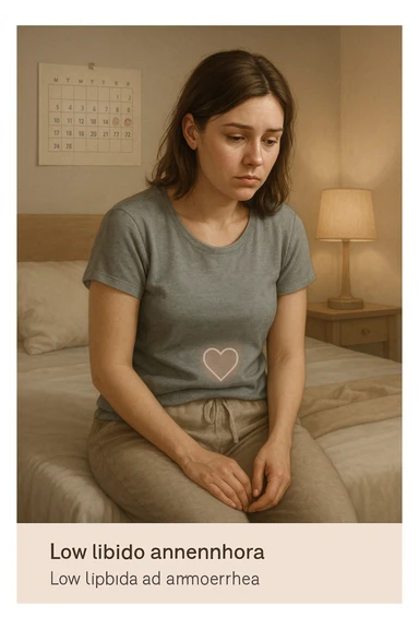3D realistic medical illustration: a young woman in her 20s or 30s sits on the edge of a bed in a softly lit bedroom, looking thoughtful and slightly concerned. She wears comfortable loungewear, her posture is slouched, and her expression is subdued. Subtle visual cues—such as a faded calendar with missed menstrual cycles and a dimmed heart or energy icon near her abdomen—symbolize low libido and amenorrhea. The scene is realistic, intimate, and empathetic. sticker