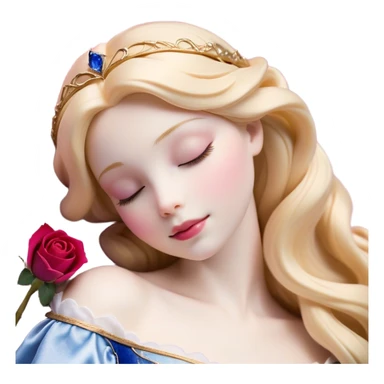 Cinematic Realistic Sleeping Beauty (Aurora) Portrait, with porcelain-like skin featuring a natural rosy flush, illuminated by soft lighting that highlights the gentle contours of her face. Her golden blonde hair flows in soft, detailed waves with subtle highlights that shimmer in the light. Her deep violet-blue eyes radiate warmth and innocence, framed by arched brows and long lashes. With a soft, serene smile, she holds a delicate rose gently in one hand, her other hand resting lightly by her side. She is dressed in her classic pink gown, the fabric rich in texture with delicate folds that catch the light. A golden crown rests atop her head, gleaming with royal refinement. The portrait captures a soft, glowing aura, blending realism with an ethereal sense of beauty and timeless enchantment. sticker