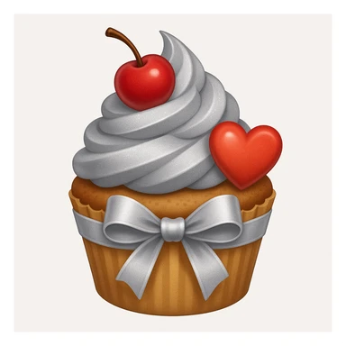 Add a silver ribbon and a heart-shaped candy to the cupcake with silver frosting and a cherry on top in emoji style. sticker