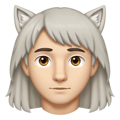 white man with dark short brown hair with curtain bangs, and pure white wolf ears sticker