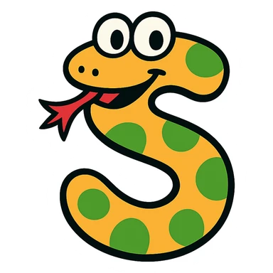 the letter S designed as a playful cartoon snake with a forked tongue and bright colors sticker