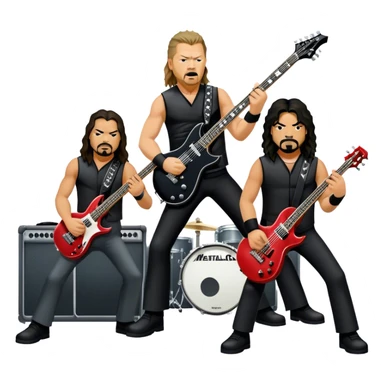 Icon for Metal Music: Metallica band members detailed in their signature look. James Hetfield with guitar, Lars Ulrich on drums, Kirk Hammett with his electric guitar, and Robert Trujillo playing bass. Bold, energetic style with musical notes, all in a heavy metal aesthetic. Transparent background. sticker