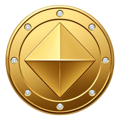 Create a high-quality 3D render of a shiny yellow/gold coin. In the center of the coin, place a diamond-shaped logo (“wajik”). Around the logo, engrave the text “Rusoconnect Network” in a circular layout. sticker