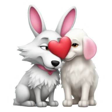 Old Wolf kissing white Bunny with pink ears, with big red heart between them  sticker